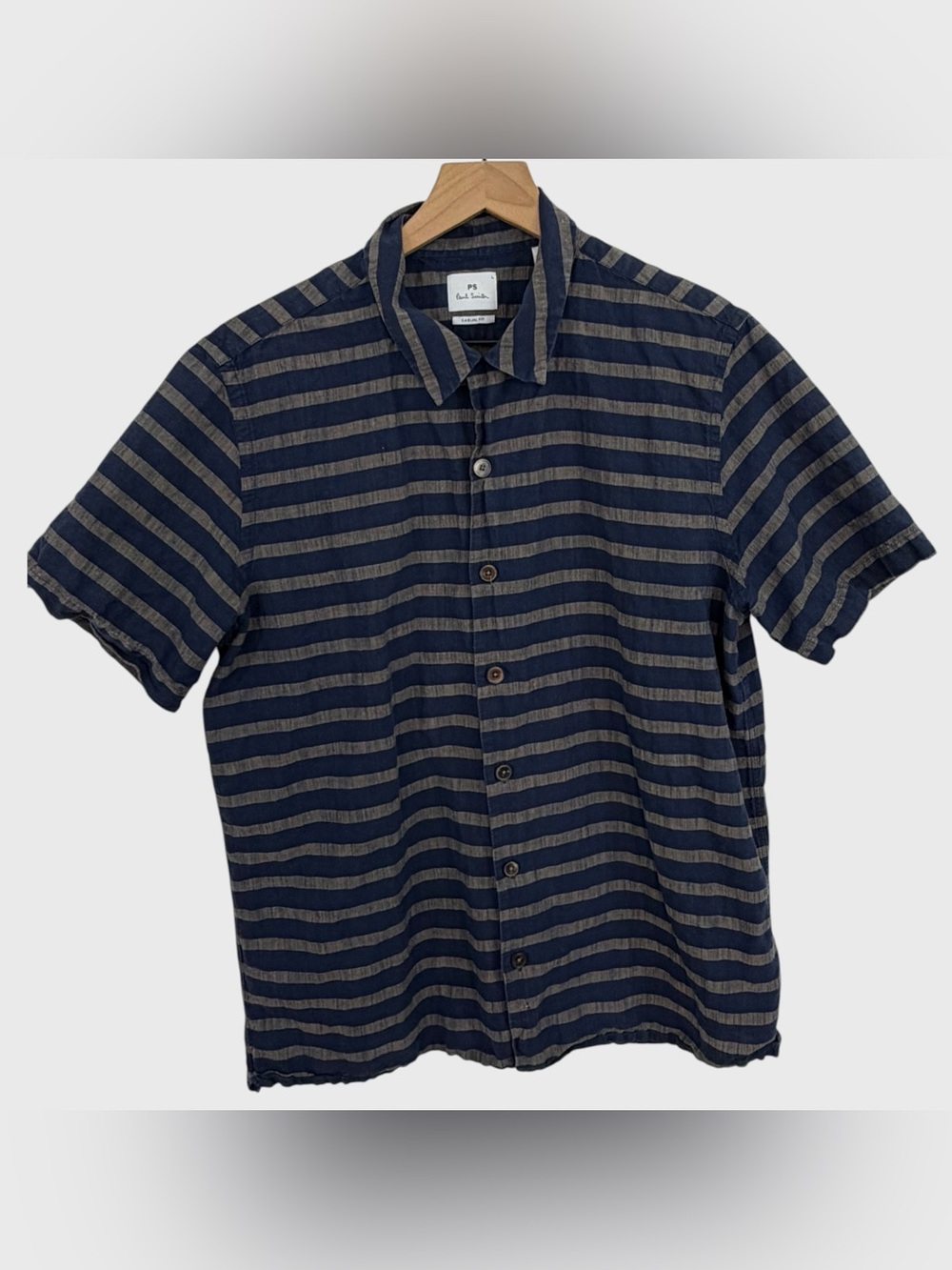 PS Paul Smith Blue Grey Stripe Cotton Linen Short Sleeve Button Down Shirt Large
